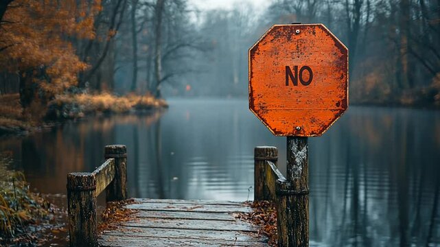 Autumnal no-entry sign on a wooden dock over a calm river