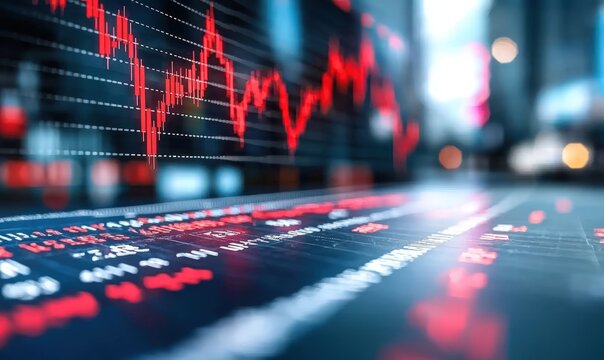 Stocks drop sharply, displayed on screen, city background, for financial articles