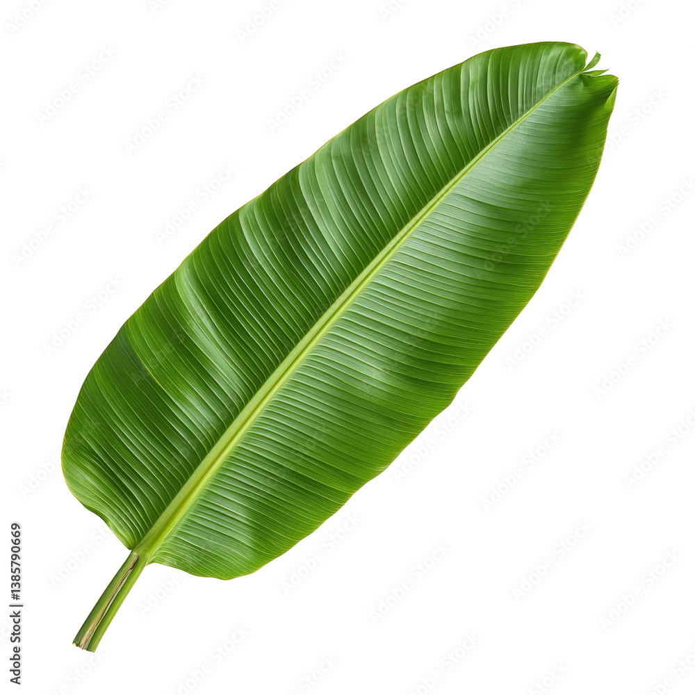 Poster close-up view of a vibrant green banana leaf displaying intricate veins and natural texture under so