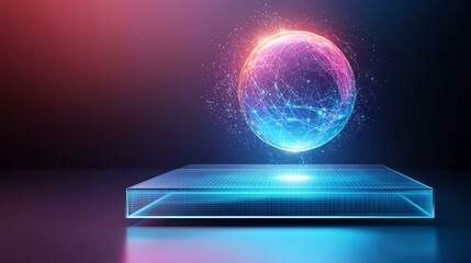 innovative home office featuring A futuristic holographic sphere hovering over a sleek glass surface, illuminated by vibrant neon colors.