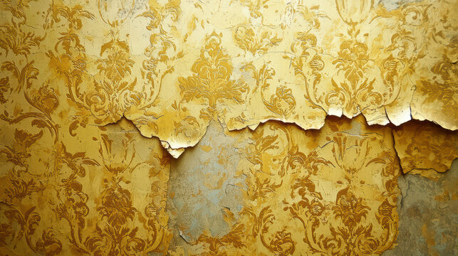 Fototapeta Antique Wallpaper's Elegant Decay: An ornate, antique wallpaper with a textured surface tells a story of age and history through its cracks and peeling, showcasing a timeless design in various tones.