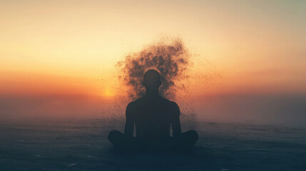 Fototapeta premium Conceptual image of a human figure with no facial features, seated calmly with their head morphing into a twilight sky funnel, blending seamlessly with a horizon sunset