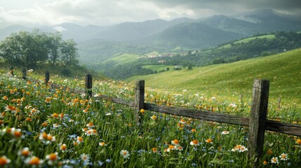Fototapeta premium Serene Mountain Meadow: A picturesque landscape of vibrant wildflowers, rolling hills, and a rustic fence.