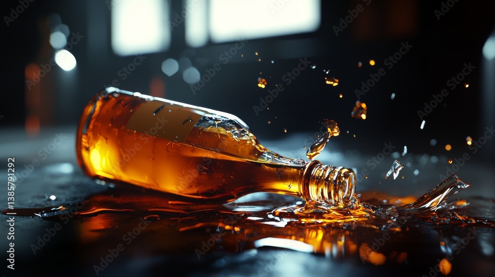 Poster spilled beverage creating dynamic splashes on a dark surface.