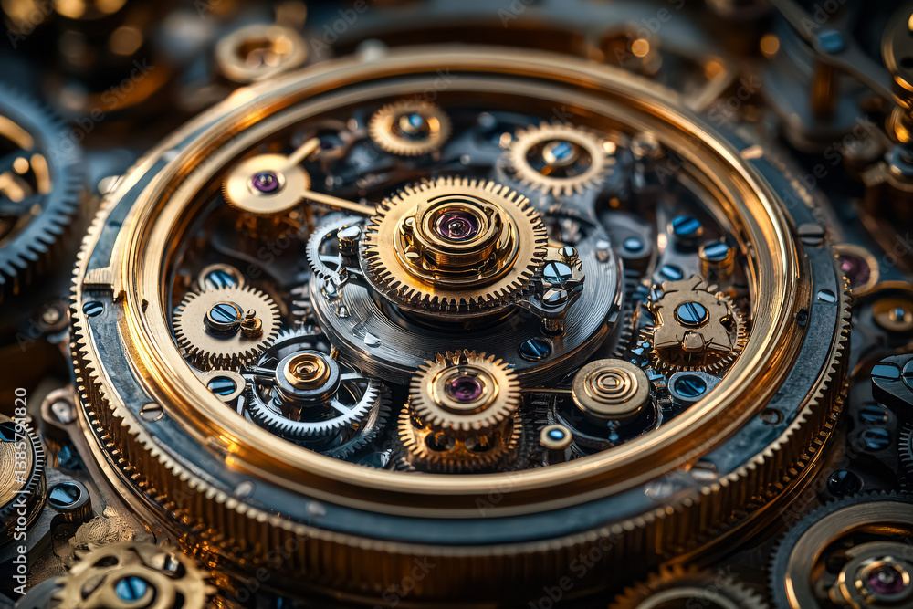 Poster close up of a clock with many gears and a gold rim. the clock is a mechanical one and has a vintage 