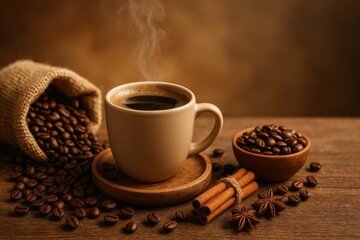 Freshly Brewed Coffee Served in a White Cup Next to a Bowl of Roasted Beans
