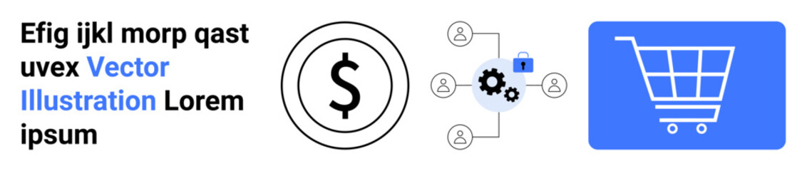Dollar sign with user profiles, connecting lines, gear icon, and blue shopping cart. Ideal for e-commerce, online transactions, shopping, automation, payment systems customer network simple landing