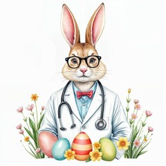Rabbit doctor with glasses and colorful eggs surrounded by flowers in spring setting Generative AI