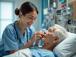 Fototapeta premium Enfermera ajustando máscara de oxígeno a paciente anciano, atención compasiva, equipo de monitoreo intensivo, entorno de UCI hospitalario