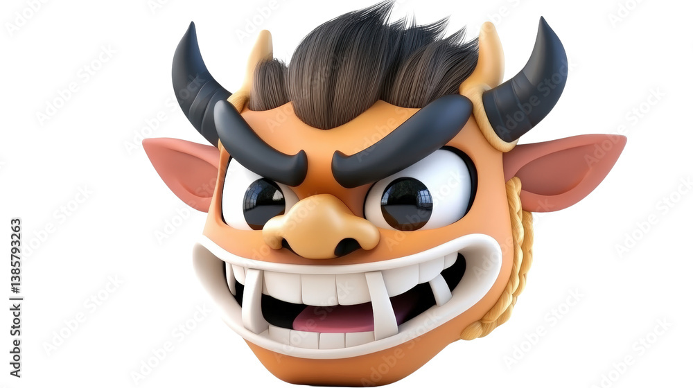 Poster colorful cartoon character with horns and fangs expressing mischief and fun in a creative and whimsi