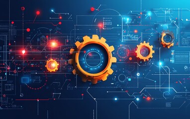 Obraz premium Abstract illustration of digital document workflow with interconnected gears and flowcharts, showcasing automation and efficiency, vibrant tech design,