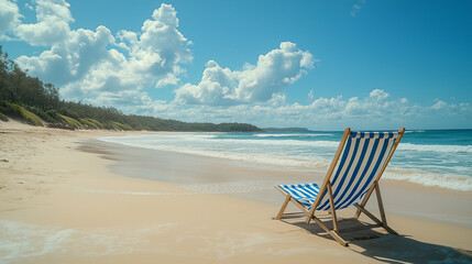 Relaxing beachside retreat with striped chair on sandy shore under a bright sky dotted with fluffy clouds Generative AI