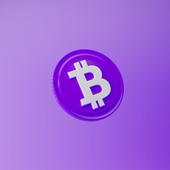 Coin icon with bitcoin sign isolated over purple background. 3d rendering.