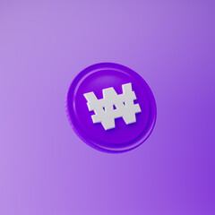 Obraz premium Coin icon with won sign isolated over purple background. 3d rendering.