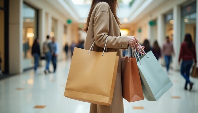 Person holding multiple shopping bags in a mall