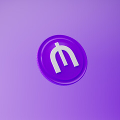 Coin icon with manat sign isolated over purple background. 3d rendering.