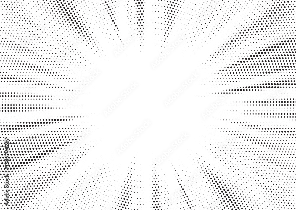 Poster Halftone gradient sun rays pattern. Abstract halftone vector dots background. monochrome dots pattern. Vector background in comic book style with sunburst rays and halftone. Retro pop art design.
