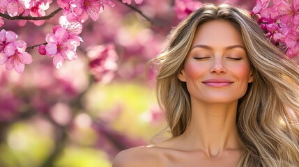 Naklejka premium Serene woman with closed eyes, surrounded by blooming pink flowers. Springtime