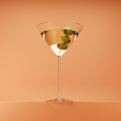 Glass of classic dry martini with olives standing on a podium isolated over orange background. Mockup template. 3d rendering.