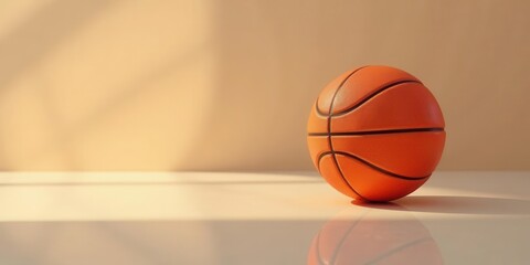 A solitary orange basketball rests on a pale surface, bathed in soft, warm light; a serene and minimalist composition ideal for sports-themed projects.