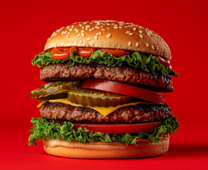delicious hamburger with lettuce, tomato, pickles, and cheese, featuring two juicy patties and sesame seed bun, perfect for satisfying meal