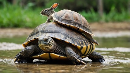 Fototapeta premium A turtle carrying a rabbit on its back.