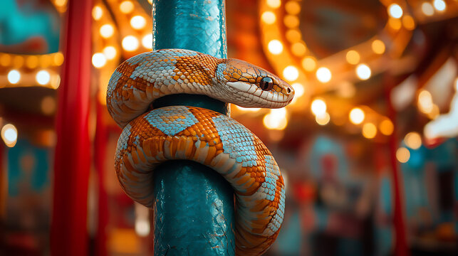 A stuffed snake wrapped around a carnival ride pole enjoying the view