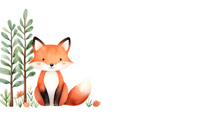 Obraz premium A watercolor cartoon frame with cute fox sitting on grass with copy space for text