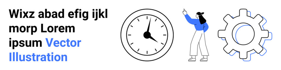 Female character interacts with concepts of time and mechanisms. Ideal for time management, productivity, workflow, business strategy, project planning, engineering, simple landing page