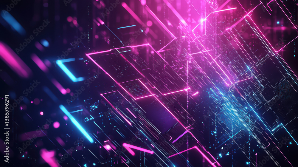 Poster neon network: abstract lines of vibrant neon lights weave across a dark backdrop, suggesting the int
