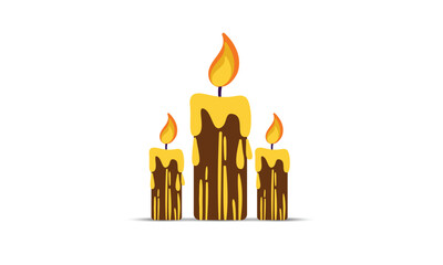 Different styles of fireing candles with flames and wax drips in various states of melting and burning shown on a white background