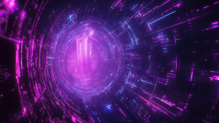 Obraz premium Cyberpunk Portal: A mesmerizing digital art piece depicting a futuristic portal or tunnel pulsating with vibrant neon purple and blue light.