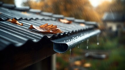 Autumn rain on corrugated metal roof