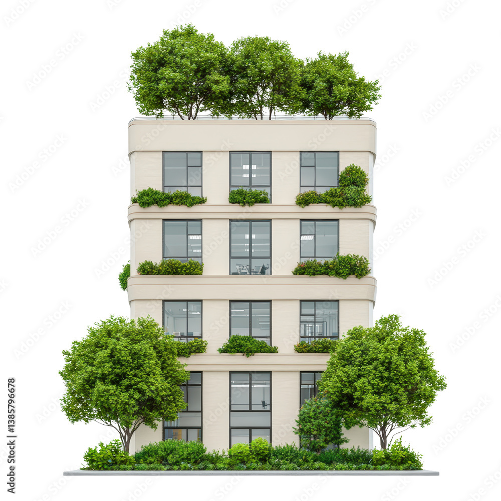 Poster modern architectural building with lush green trees growing on the side creating a unique blend of n