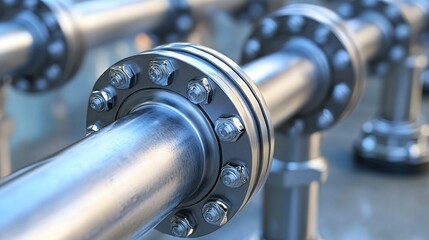 Shiny metal pipes connect with bolted flanges