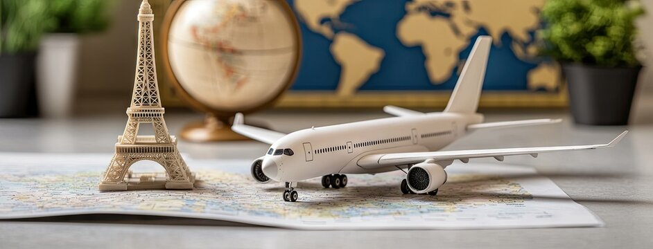 Model airplane and Eiffel Tower on a world map in a travel planning setting with a globe in a cozy workspace