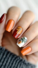 Autumnal nail art, fall leaves design