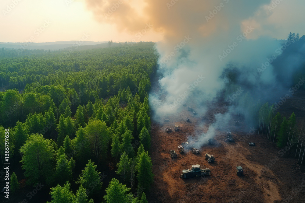Poster the image shows an aerial view of a forest with smoke billowing out of it. in the foreground