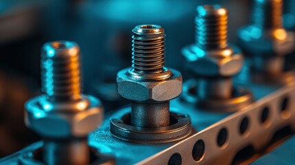 Shiny metal bolts with nuts, detailed threads, contrasting colors, and precision