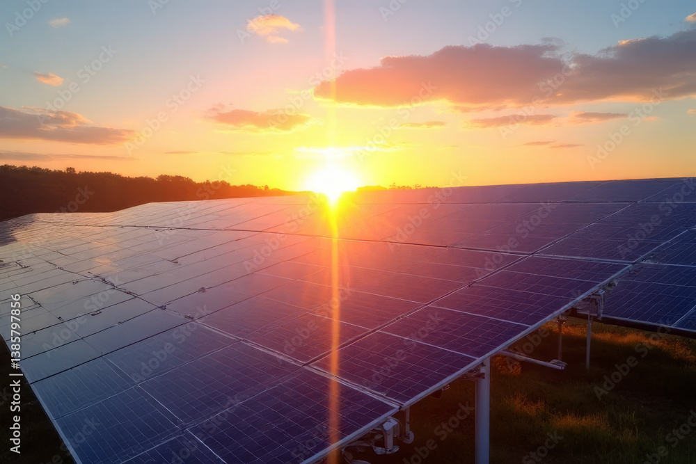 Poster the image shows a field of solar panels with the sun setting in the background