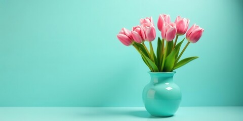 Obraz premium A Delicate Bouquet of Pink Tulips in a Teal Vase Against a Light Aqua Background