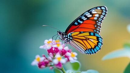 Fototapeta premium A vibrant butterfly rests on a delicate flower, displaying its intricate wing patterns.