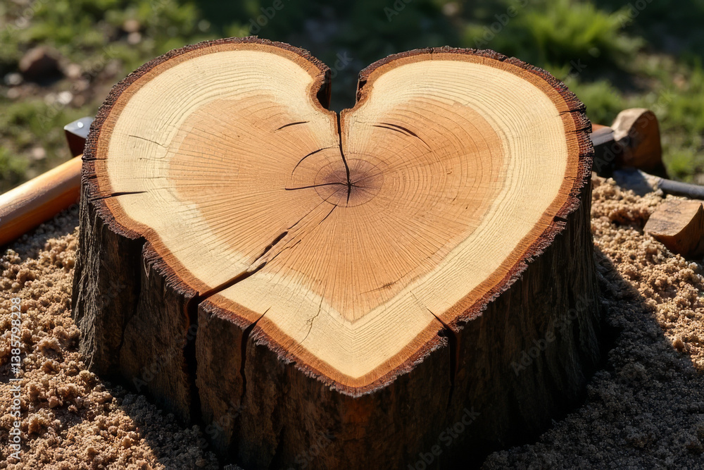 Poster the image shows a heart-shaped tree stump with a hammer resting on top of it
