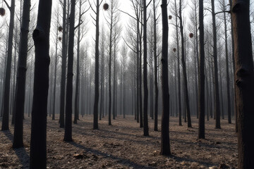 The image shows a black and white photo of a forest with tall trees