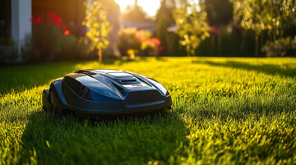 A robotic lawnmower, suburban yard with robot mowing the grass autonomously, Home-tech style