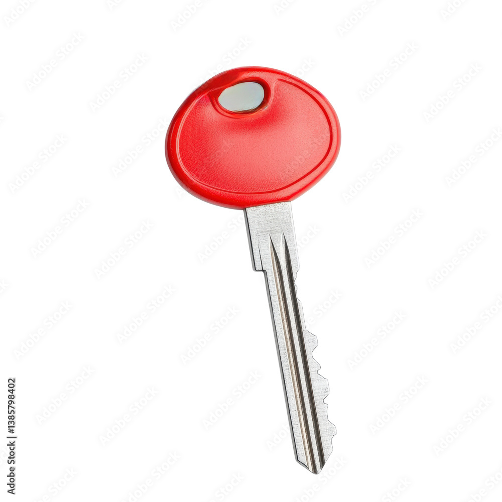 Poster a bright red key with a simple design resting on a light background highlighting its unique shape an