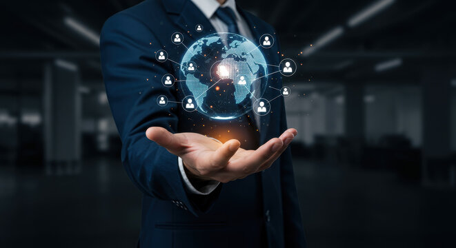 Global Connections: Business Expansion with Worldwide Network. Man holding Earth globe with connected people icons. Digital Age Concept.