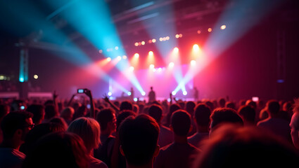 Obraz premium Experience the energy of a live music festival with vibrant lights and a massive crowd enjoying the show on stage in a captivating setting