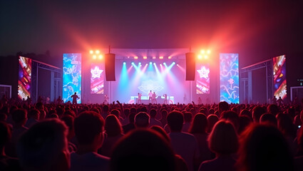 Energetic crowd immersed in a vibrant music festival, illuminated by dazzling stage lights and electrifying performances creating an unforgettable experience