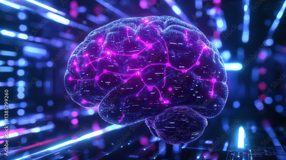Poster digital brain: a futuristic digital rendering of a human brain with glowing neural pathways, symboli